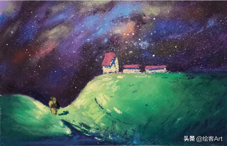 夜间露天咖啡座油画棒_油画棒画画教程_油画棒上色技巧