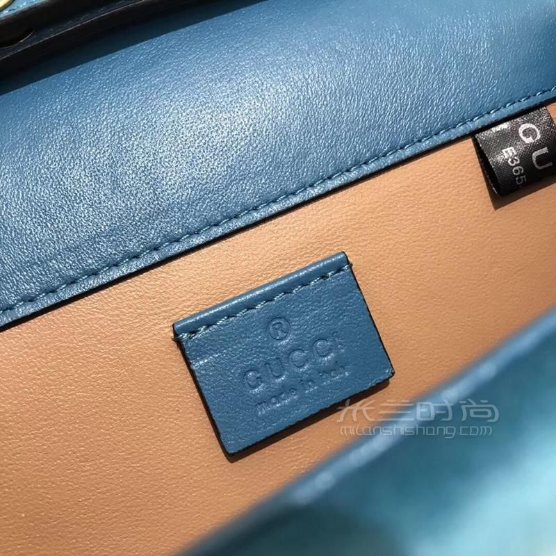 Gucci古奇 Broadway小蜜蜂钻扣翻盖链条包489218湖水蓝丝绒水晶钻昆虫扣迷你女包-11