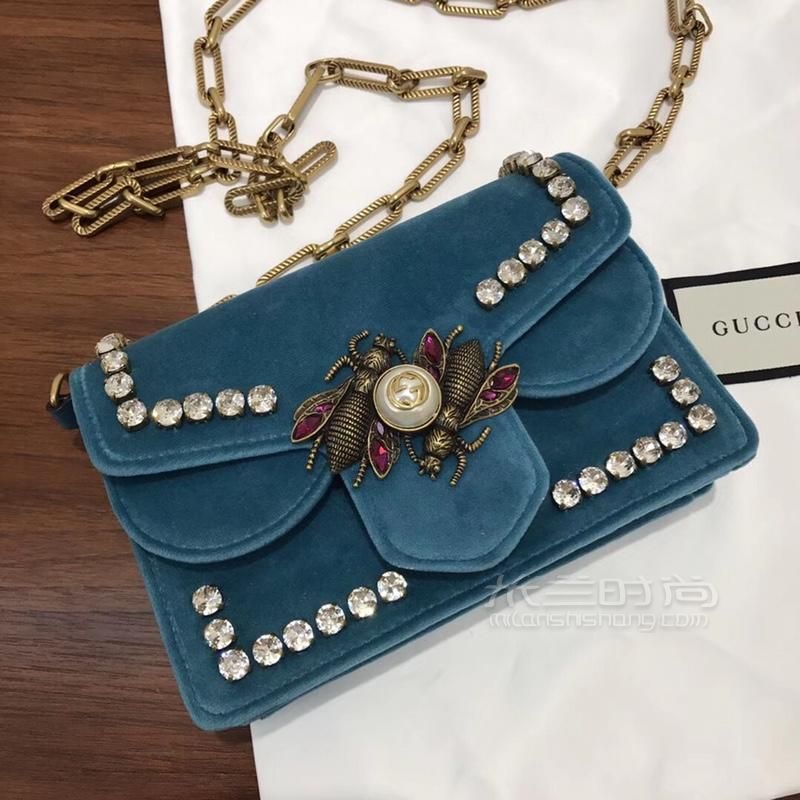 Gucci古奇 Broadway小蜜蜂钻扣翻盖链条包489218湖水蓝丝绒水晶钻昆虫扣迷你女包-03