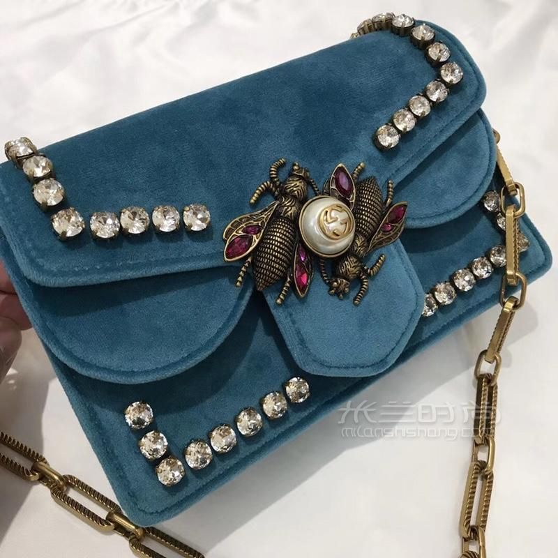 Gucci古奇 Broadway小蜜蜂钻扣翻盖链条包489218湖水蓝丝绒水晶钻昆虫扣迷你女包-04