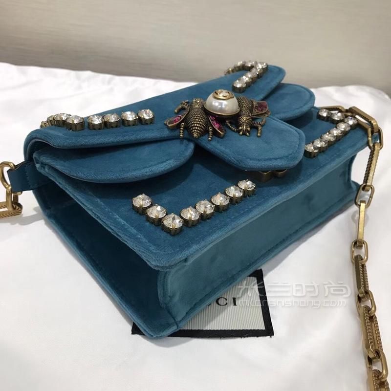 Gucci古奇 Broadway小蜜蜂钻扣翻盖链条包489218湖水蓝丝绒水晶钻昆虫扣迷你女包-05