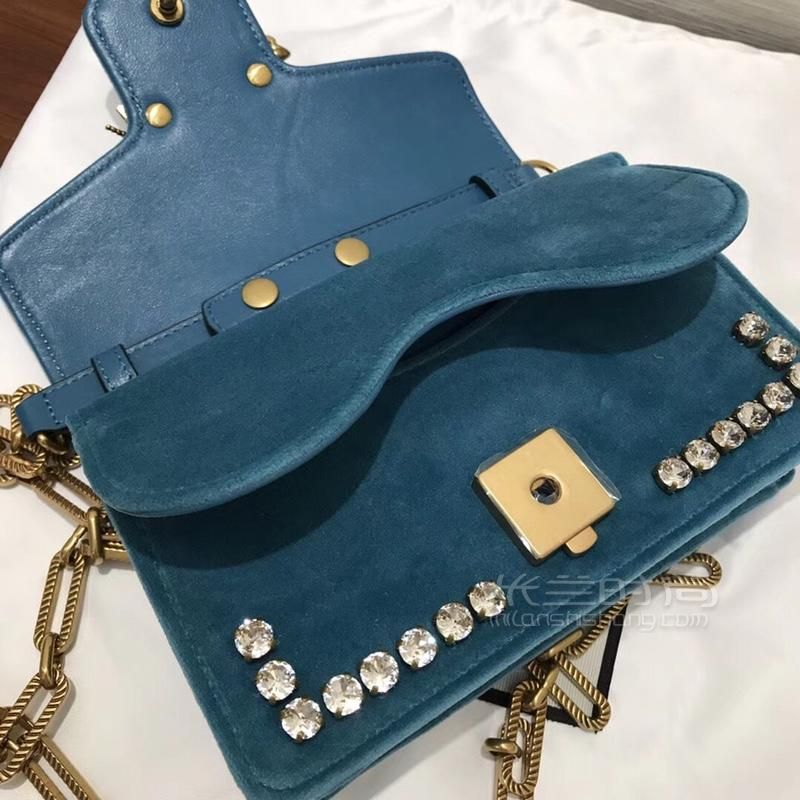 Gucci古奇 Broadway小蜜蜂钻扣翻盖链条包489218湖水蓝丝绒水晶钻昆虫扣迷你女包-07