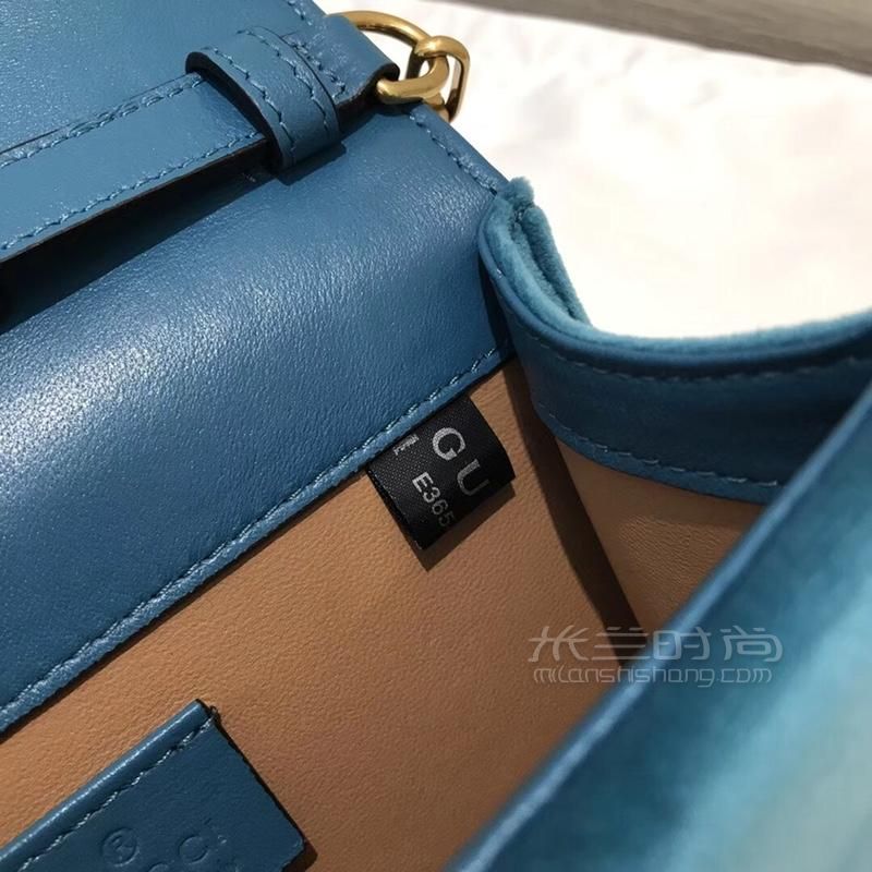 Gucci古奇 Broadway小蜜蜂钻扣翻盖链条包489218湖水蓝丝绒水晶钻昆虫扣迷你女包-08