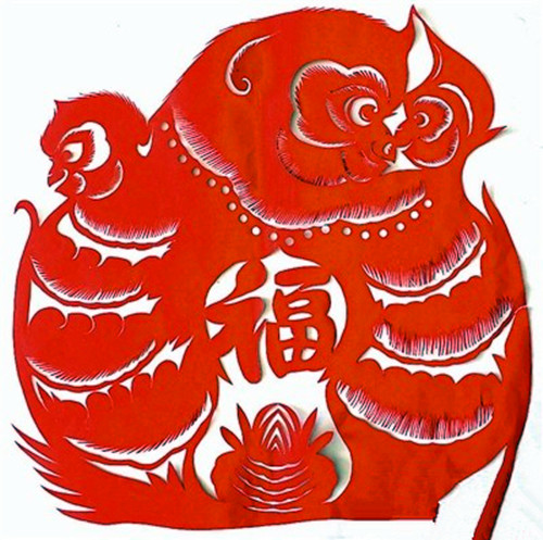北朝对猴团花剪纸_韩月琴剪纸艺术_剪纸母子图