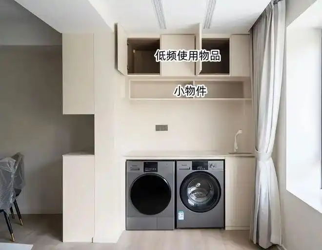 阳台家政柜布局_摆件柜子效果图_阳台洗衣柜设计