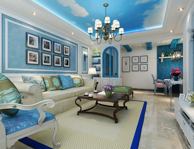 蓝色墙面设计_地中海风格装修特点_相框装饰墙