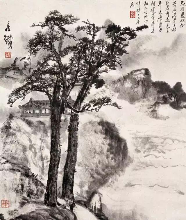 中国文人画松树名家作品_齐白石的松柏高立图_近现代名家山水画松