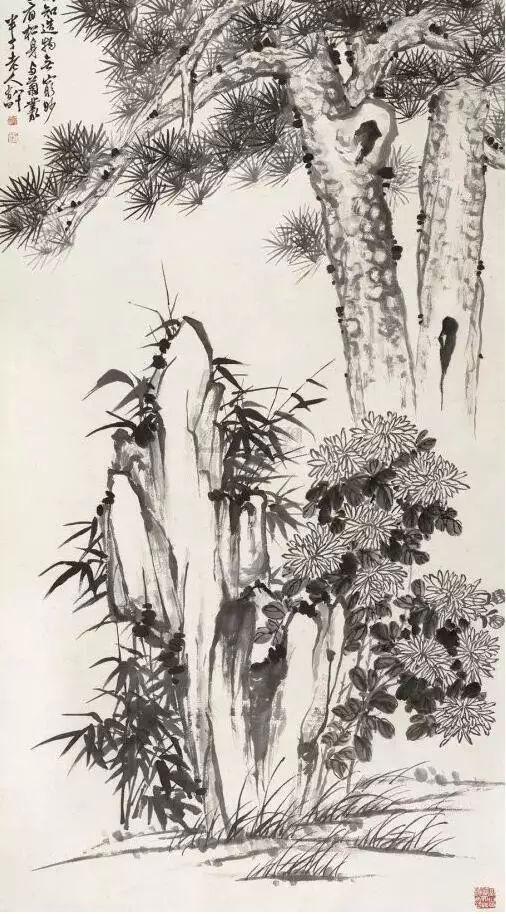 近现代名家山水画松_齐白石的松柏高立图_中国文人画松树名家作品