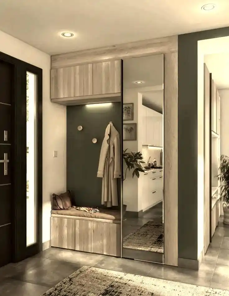 进门换鞋区效果图_门厅设计的重要性_柜体与坐凳设计结合