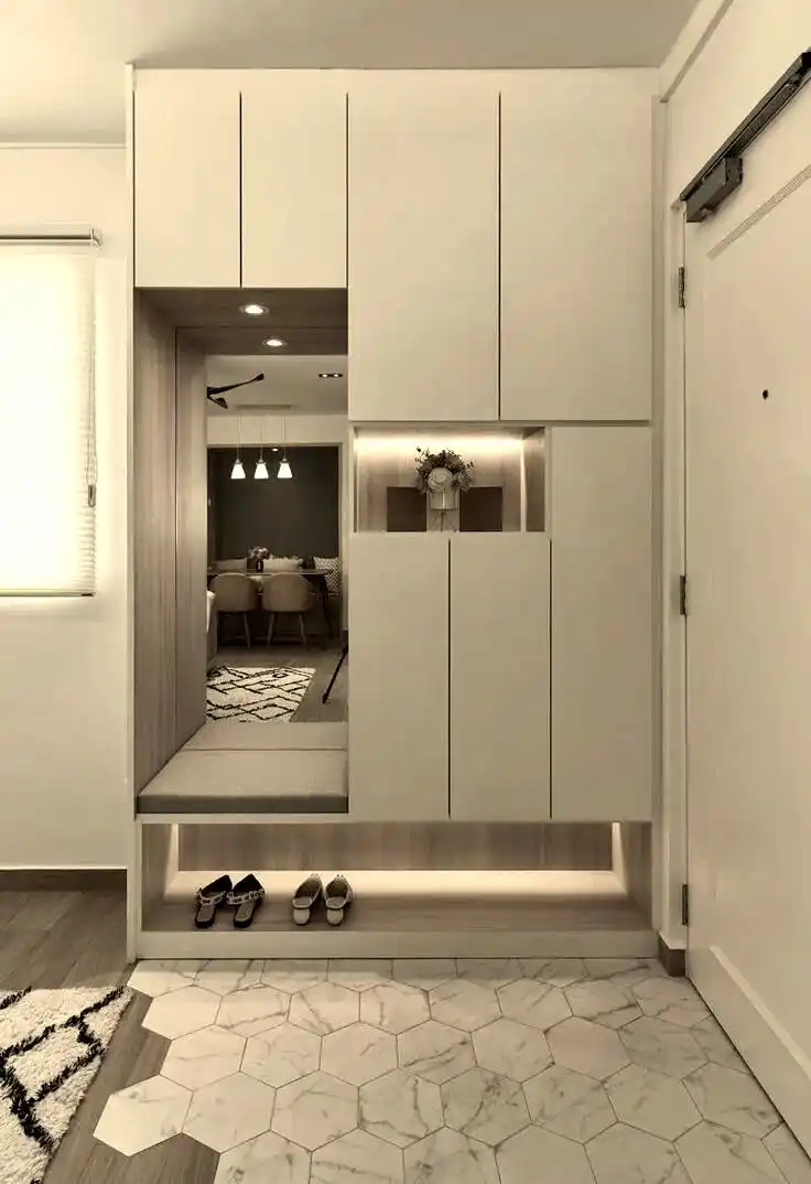 柜体与坐凳设计结合_进门换鞋区效果图_门厅设计的重要性