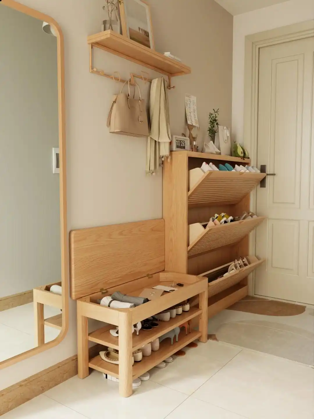 进门换鞋区效果图_鞋柜设计收纳技巧_门口鞋子乱放问题