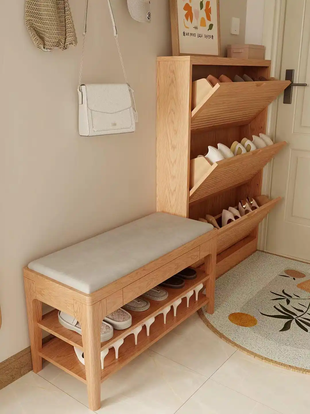 玄关设计鞋柜收纳_独立玄关鞋柜布局_进门换鞋区效果图