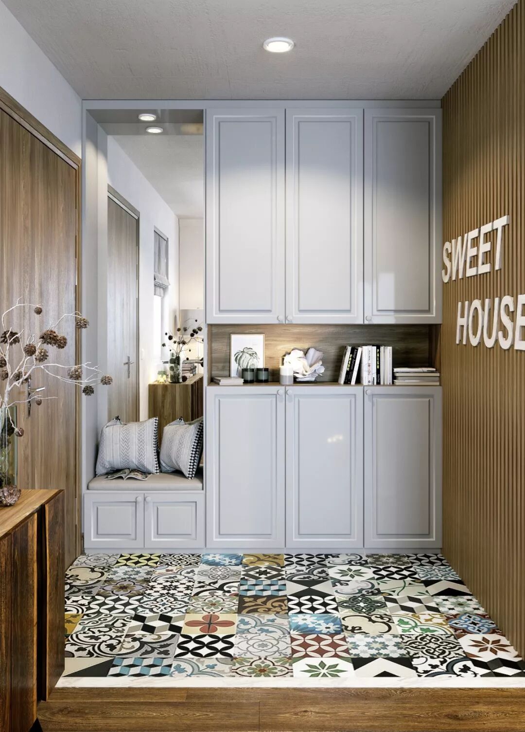 门厅设计_进门换鞋区效果图_嵌入式壁柜门厅收纳