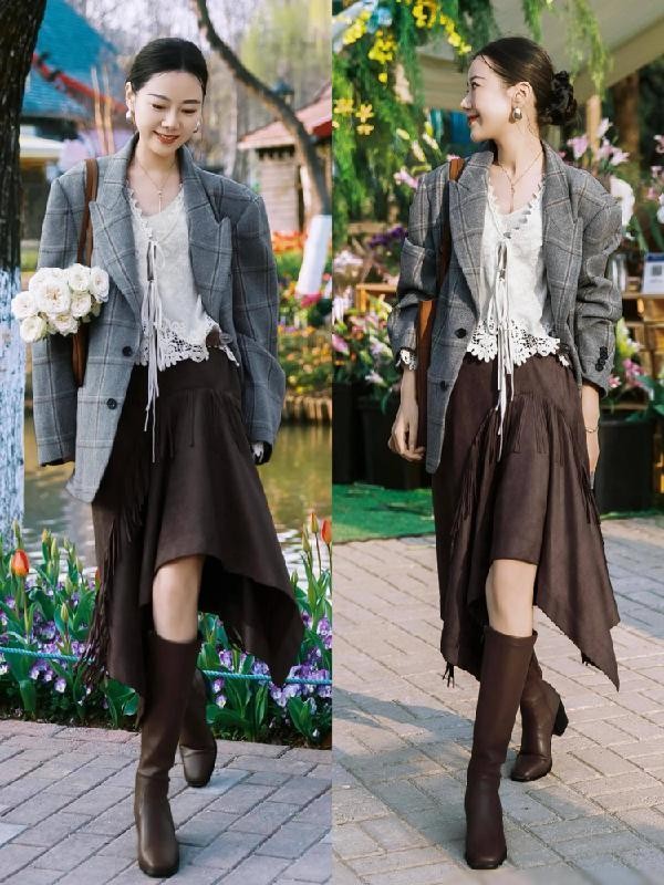 梨形身材伞裙搭配_半裙穿搭_灰色连衣裙搭配