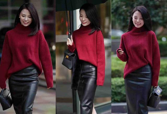 低饱和深红毛衣_冬季红色大衣搭配图片_红配灰搭配