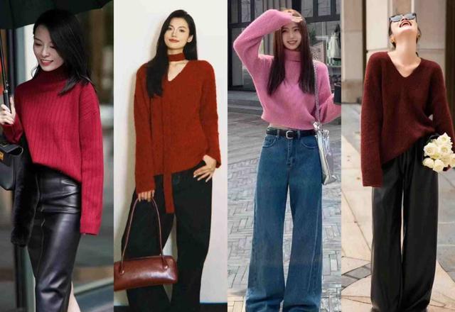 低饱和深红毛衣_冬季红色大衣搭配图片_红配灰搭配