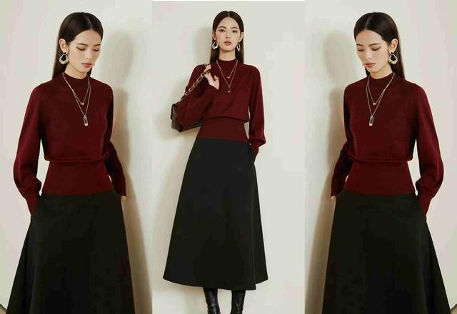 红配灰搭配_冬季红色大衣搭配图片_低饱和深红毛衣