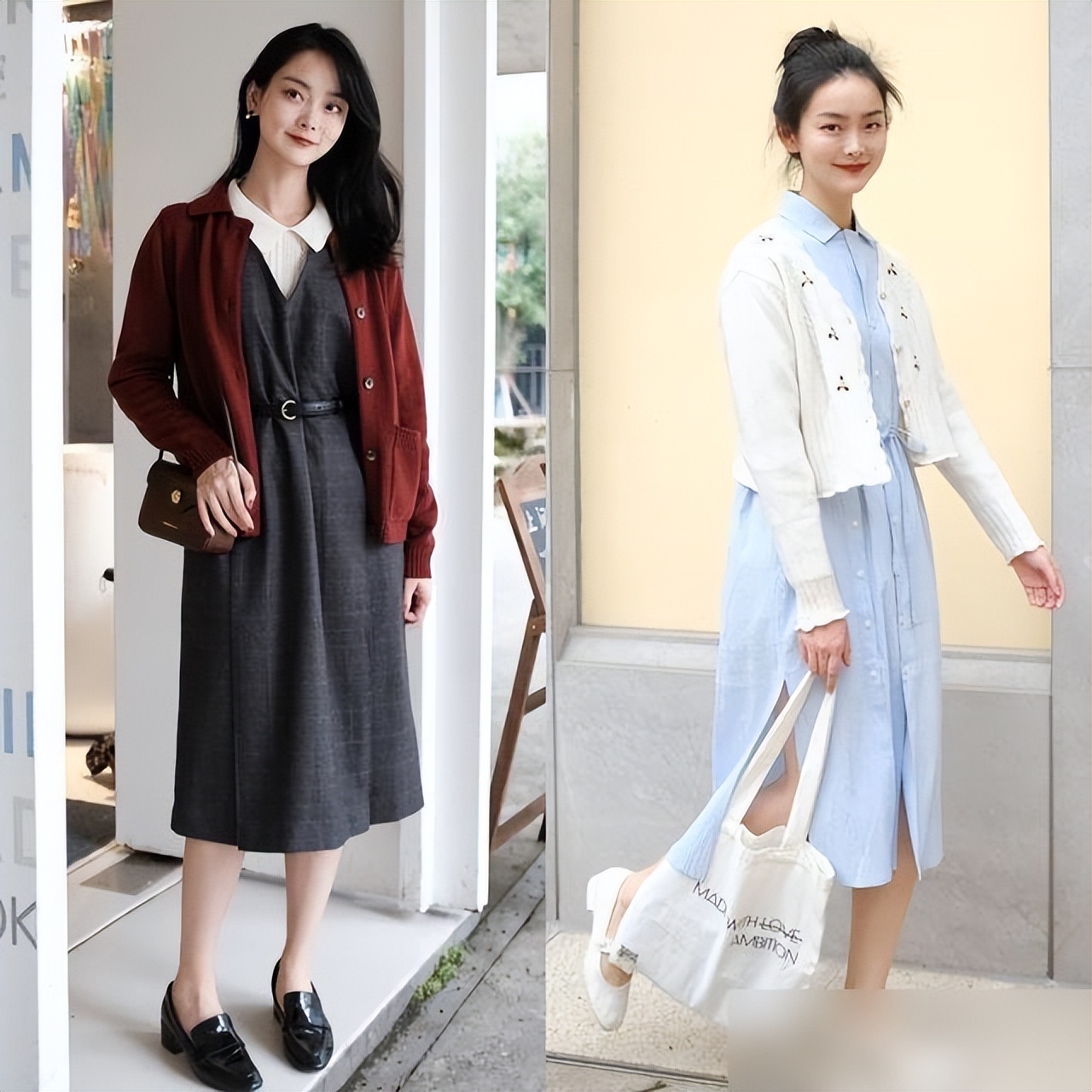 冬季女式连衣裙_基础款黑裙配白针织开衫_春日针织开衫搭配连衣裙