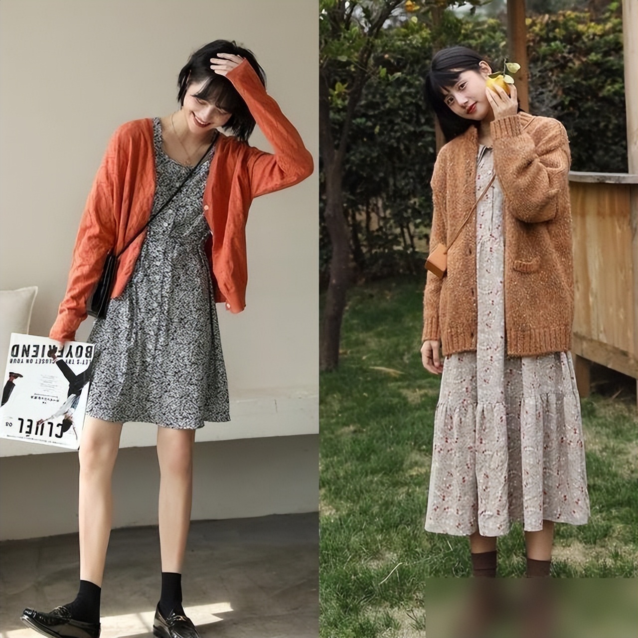 冬季女式连衣裙_春日针织开衫搭配连衣裙_基础款黑裙配白针织开衫