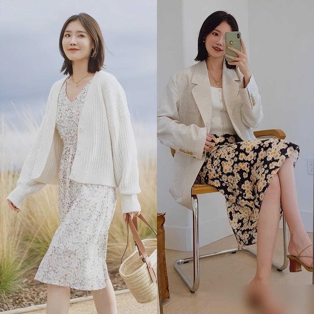基础款黑裙配白针织开衫_冬季女式连衣裙_春日针织开衫搭配连衣裙