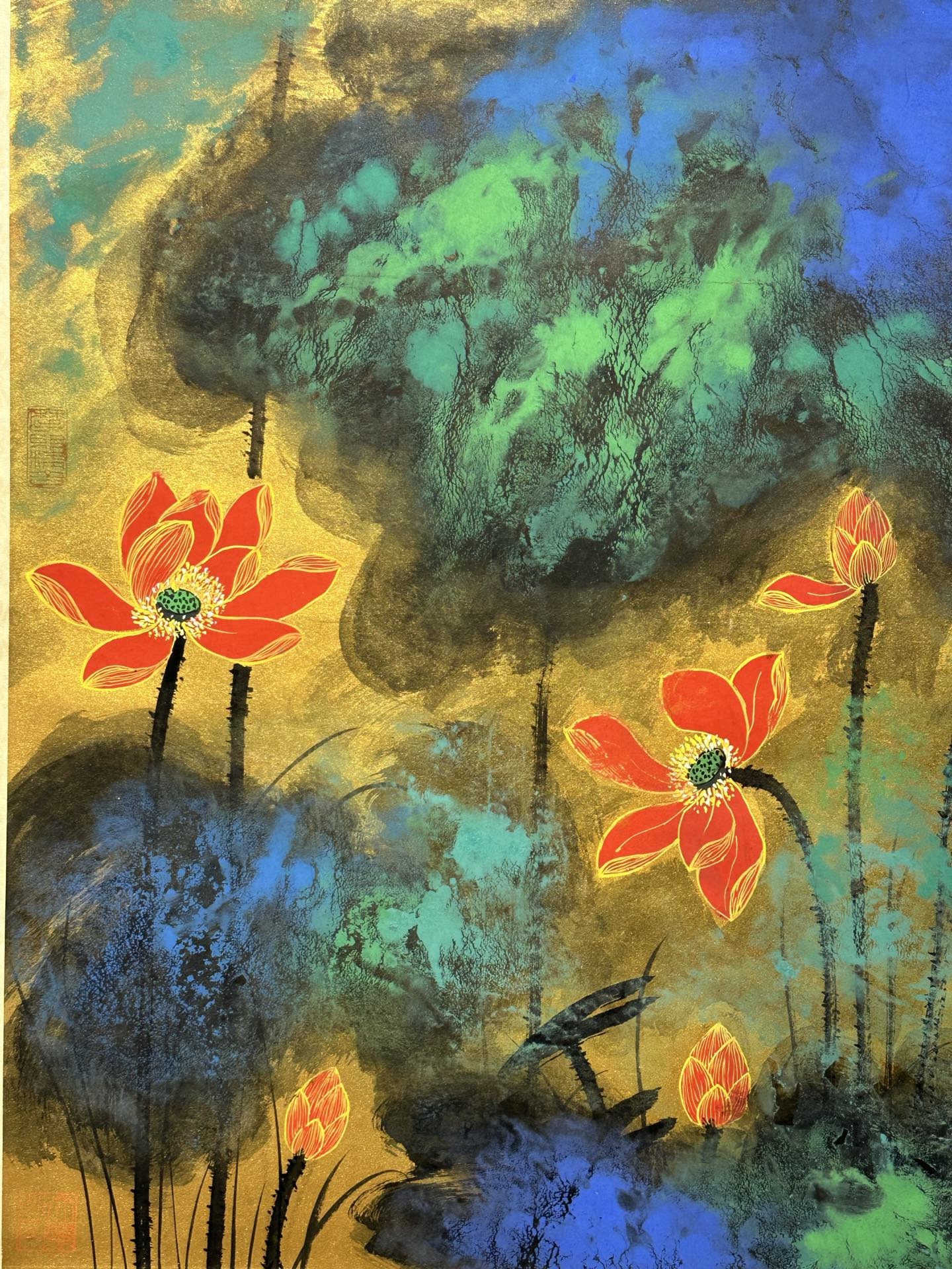 张大千纸本手绘泼彩荷花图赏析_张大千泼彩荷花图品鉴_张大千字画图片