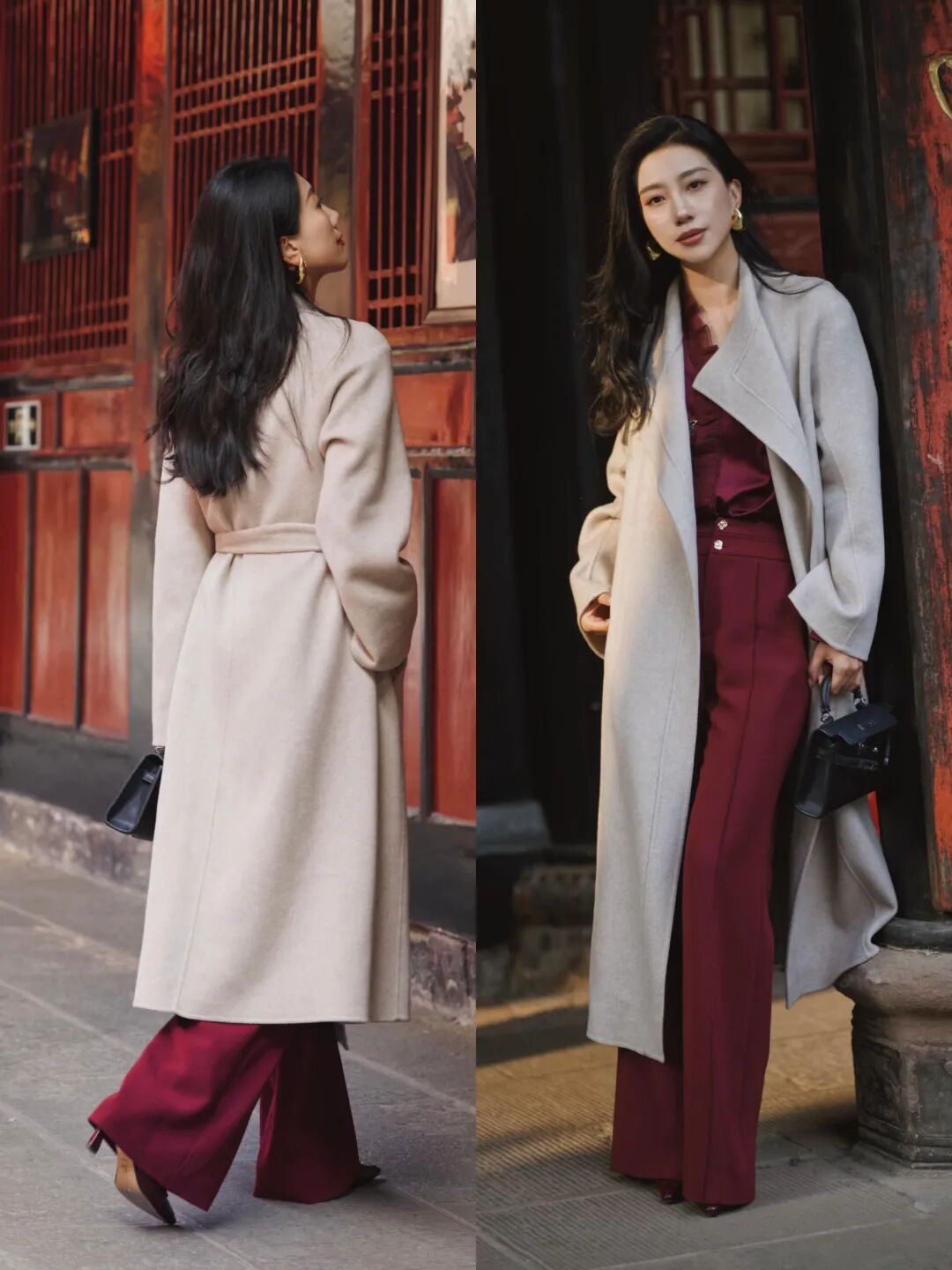 冬季红色大衣搭配图片_阔腿裤搭配大衣_春季大衣穿搭