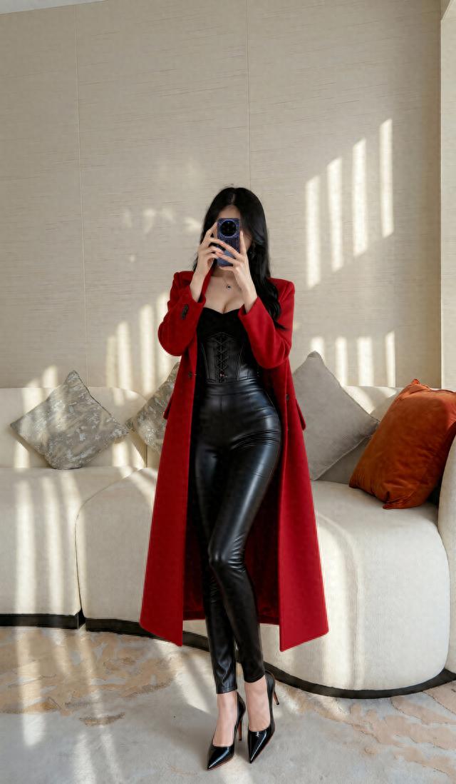 冬季红色大衣搭配图片_红黑穿搭_鱼骨束腰穿搭